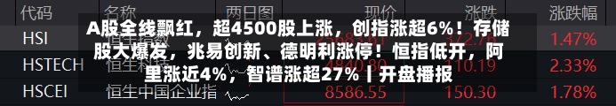 A股全线飘红，超4500股上涨，创指涨超6%！存储股大爆发，兆易创新、德明利涨停！恒指低开，阿里涨近4%，智谱涨超27%丨开盘播报