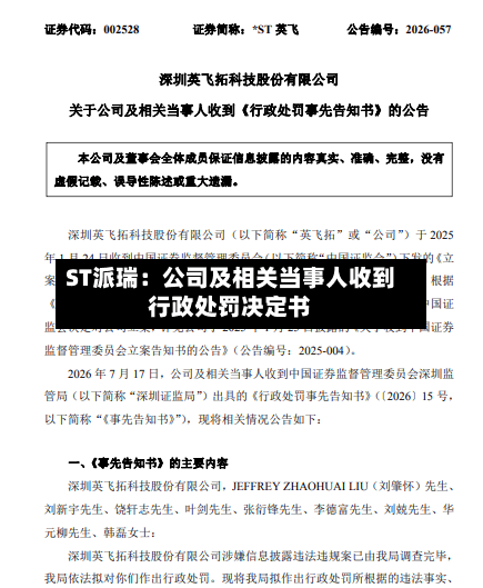 ST派瑞:公司及相关当事人收到行政处罚决定书-第2张图片